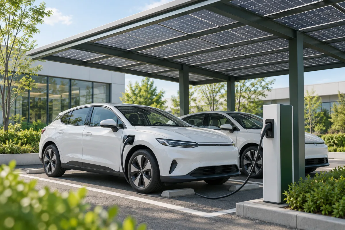 ソーラーカーポートで社用EVを充電するイメージ(AI生成)