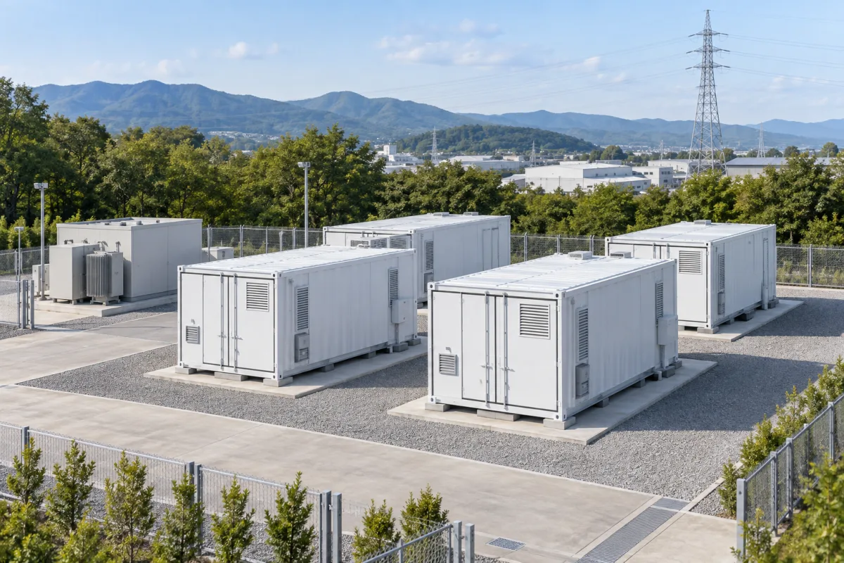 電力系統に接続するコンテナ型蓄電設備のイメージ