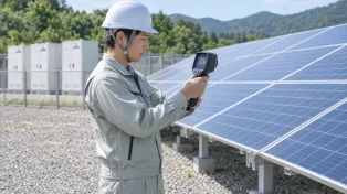 太陽光パネルをサーモグラフィーで点検する作業イメージ（AI生成）